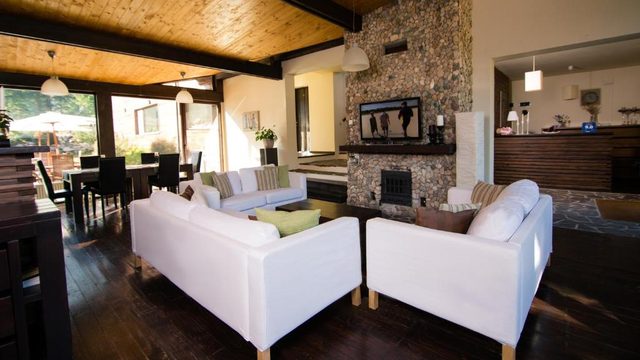 Lounge with stone fireplace